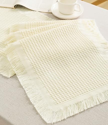 Vitalizart Cream Table Runner 14″x36″ Waffle Weave Boho Rustic Fringe Cotton Farmhouse Table Cloth for Home Decor Coffee Table Bedroom Kitchen Dining Bridal Wedding Baby Shower Decoration