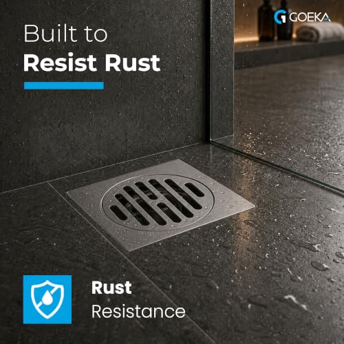 Image of GOEKA Square Lock Grating Stainless Steel Floor Drain 5 inch | Chrome Finish | Double Hole Locking Jali /Trap Floor Drain for Bathroom & Kitchen | Pack of 2 | SS 304 Shower Water Drainer
