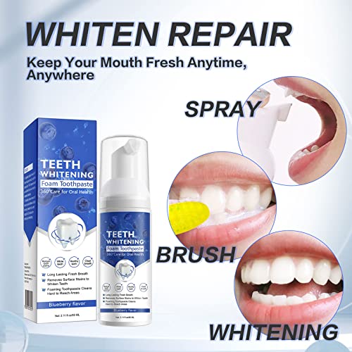 Teeth Whitening Foam Toothpaste, Mint And Blueberry Flavor Toothpaste, Baking Soda Toothpaste, Ultra-Fine Mousse Foam Deeply Cleaning Gums, Stain Removal, Natural Mouth Wash Water (2 X 60Ml) #TOP3