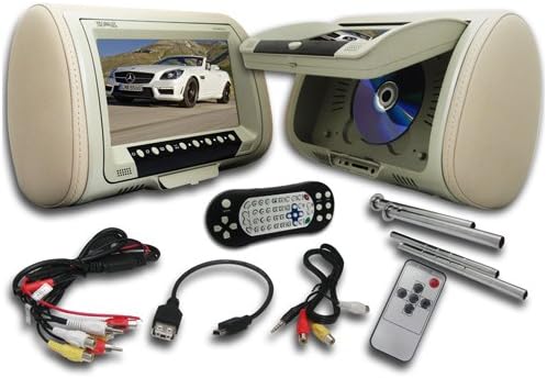 Absolute DPH-980PKGC 9.5-Inch Headrest Pillow Monitor with DVD Player USB/SD/MMC Ready, Pair (Cream)