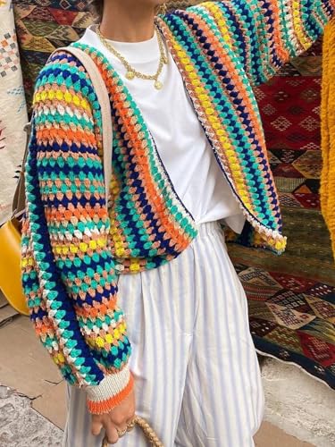 HOULENGS Women's Strawberry Print Button Down Long Sleeve V Neck Crop Cardigan Sweater2