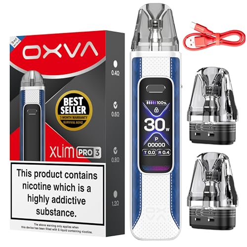 Oxva Xlim Pro 3 Vape Kit [Sky Blue] - Available in 15 colours - 2A Fast Charge 1500mAh Battery 30W Output 1.05 HD Display Auto Draw - Compatible with Full Xlim V2 V3 EZ Pods - No Nicotine