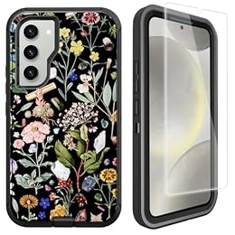 OTTARTAKS Compatible for Samsung Galaxy S23 Case with Screen Protector [Shockproof Heavy Duty] Cute Floral Protective Case for Girls Women, Black Flowers