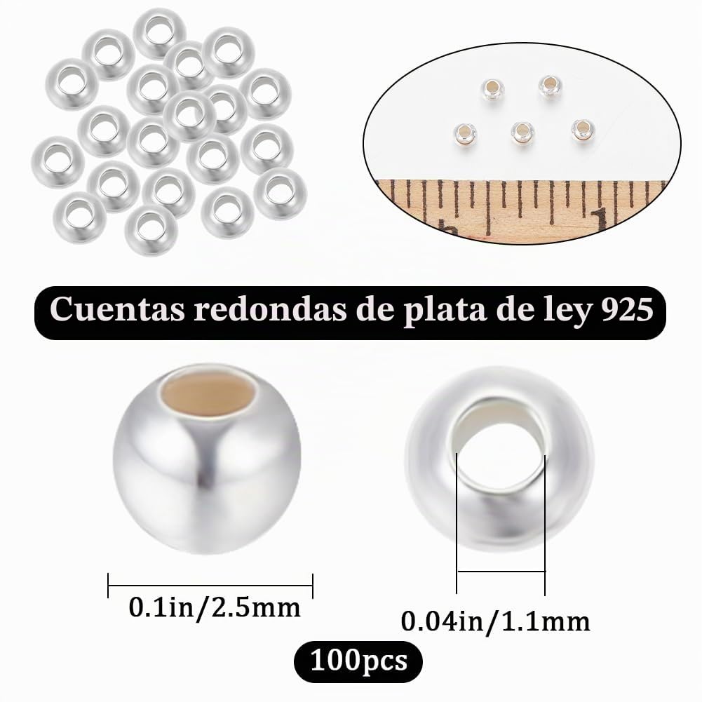 Beebeecraft 1 Caja 100 Piezas Cuentas Espaciadoras de 2.5 mm Plata de Ley Lisa Redonda Agujero Grande Cuentas de Bolas Sueltas para Hacer Joyas Pulseras Collar Agujero 1.1 mm