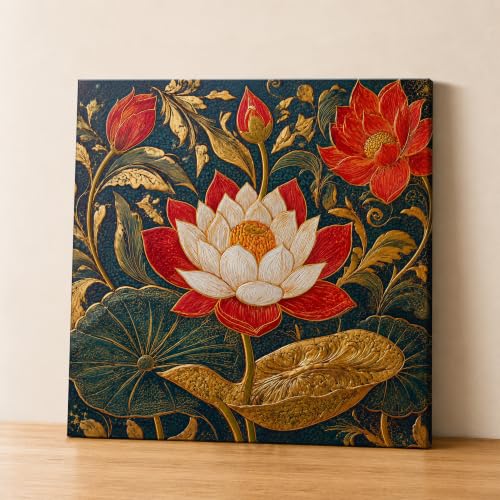 Image of PAINTINGMANTRA Traditional Indian Textured Embossed Lotus Canvas Wall Art Painting for wall decoration, Red & Gold Blooming Lotus Motifs Stretched Canvas Painting for living room, bedroom, Home and office, 22x22 Inch