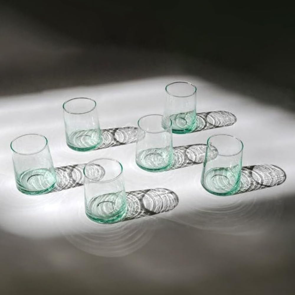 Set of 6 Hand-blown Blue-green Glass Tumblers Tapered Shape Glass Water Cups Stemless Glass Drinking Glasses 4 W
