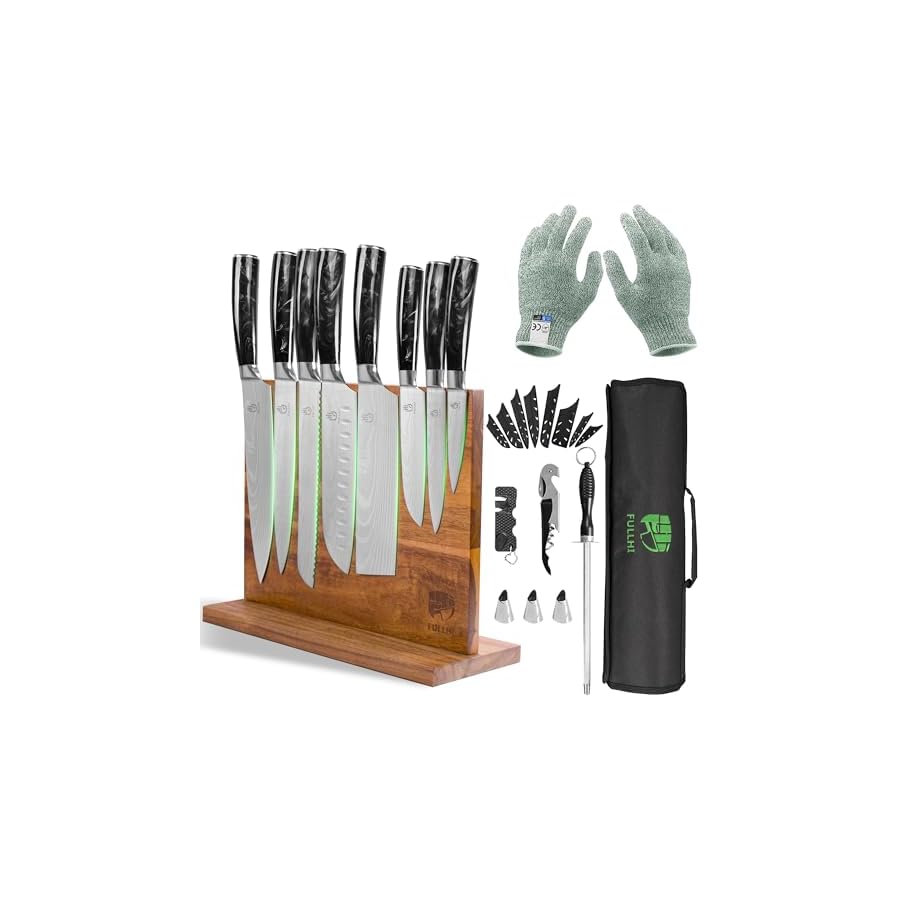 FULLHI-15pcs-Japanese-Knife-Set-with-Magnetic-Knife-Block-Holder-Japan-Stainless-Steel-Blades-Black-Resin-Ergonomic-Handles-for-Professional-and-Home-Cooking FULLHI 15pcs Japanese Knife Set with Magnetic Knife Block Holder, Japan Stainless Steel Blades, Black Resin Ergonomic Handles for Professional and Home Cooking