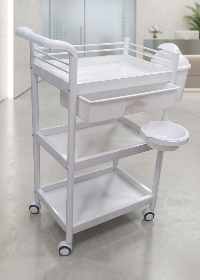 Rolling Beauty Salon Trolley Cart, White, 3-Tier Shelves with Drawer and Side Bowl Holder, Spa Utility-image-36