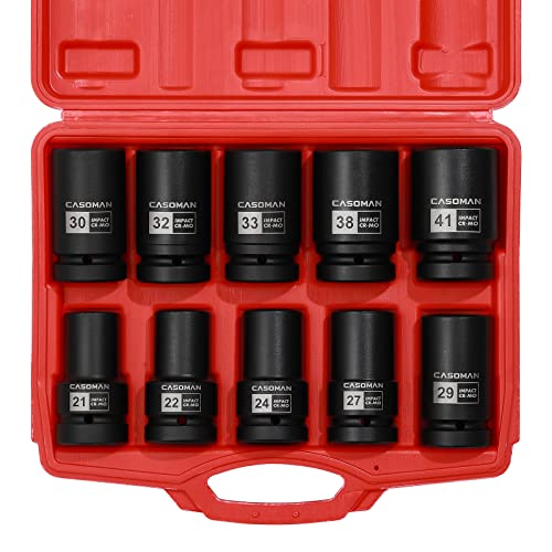 CASOMAN 10PCS 1-Inch Drive Deep Impact Socket Set, Metric, CR-MO, 21,22,24,27,29,30,32,33,38,41mm, Deep Spindle Axle Nut Impact Socket Set Deep 10 pcs (21 mm - 41 mm)