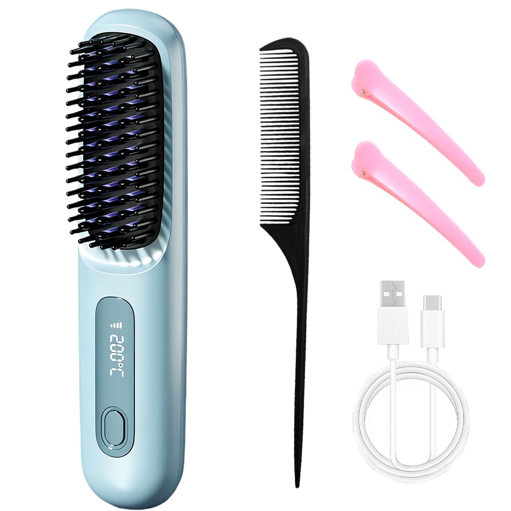 Glättbürste Kabellos, Stylingbürste für Kurze Haare Langes, kabellose Glättbürste Mit Led Anzeige Und 3 Wärmestufen, Haarglätter Bürste Kabellos für Reisen Täglichen Gebrauch
