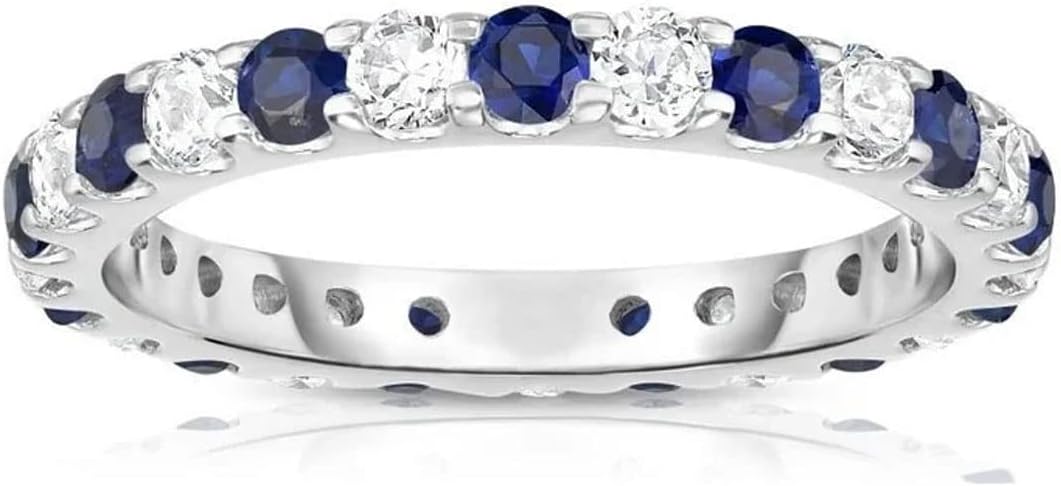 10K/14K/18K Gold Sapphire and Diamond Wedding Bands for Women Real Diamond and Simulated Sapphire Half Eternity Band Ring Jewelry Gift for Her