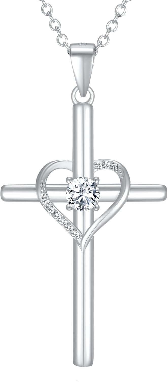 NORBU 925 Sterling Silver Cross Necklace for Women, Heart Cross Necklaces with 5A CZ Diamond, Womens' Religious Christian Jewelry Gift for Birthday Baptism Christmas