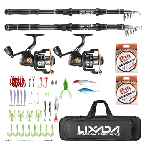 Eacam Fishing Rod Reel Combo, 2PCS Fiberglass Telescopic Fishing Rod with Spinning Reel, Fishing Line, Lures Hooks, Jigs Swivels, Saltwater Freshwater Travel Fishing Kit