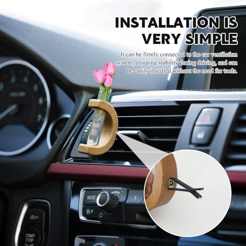 Image of Little Glass Flower Vase Air Vent Clip, Car Flower Vent Clip, Cars Vase Vent Clip Plant Holder, Universal Auto Interior Wooden Ornament Decoration Accessories for Women (Hickory)