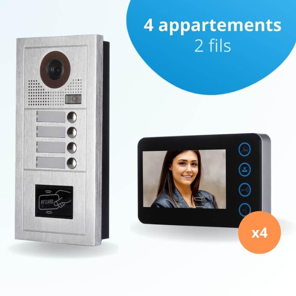 Portier interphone vidéo Modern 2 Fils - 4 Appartements - 4 écrans Noirs - avec Lecteur de Badge