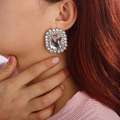 Denifery Square Crystal Earrings Rhinestone Stud Earrings Sparkling Crystal Stud Dangle Drop Earrings for Women Bling Stud Earrings for Prom Wedding (Silver)3