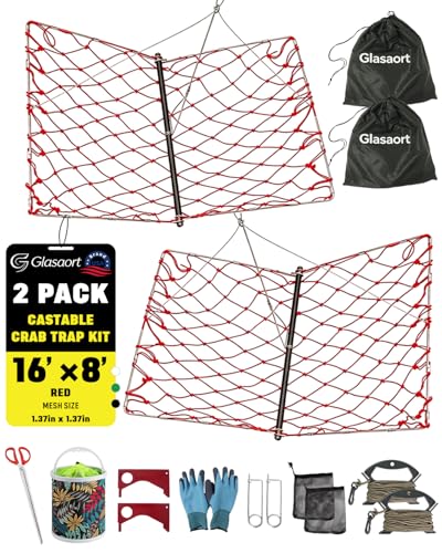 2 Pack Castable Crab Trap Kit, Foldable Crab Trap with Rope Bait Clip, Castable Crab Cage for Blue Crabs, Includes Collapsible Bucket , Portable Crabbing Equipment for Pier, Jetty Surf Fishing