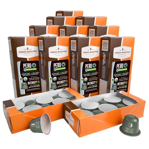 Image of Fresh Roasted Coffee, Peru WP Half-Caf Espresso Capsules for Nespresso OriginalLine, Medium, USDA Organic, 3rd Party Tested for Mold, Mycotoxin & Pesticides, Kosher, 120 Recyclable Aluminum Capsules