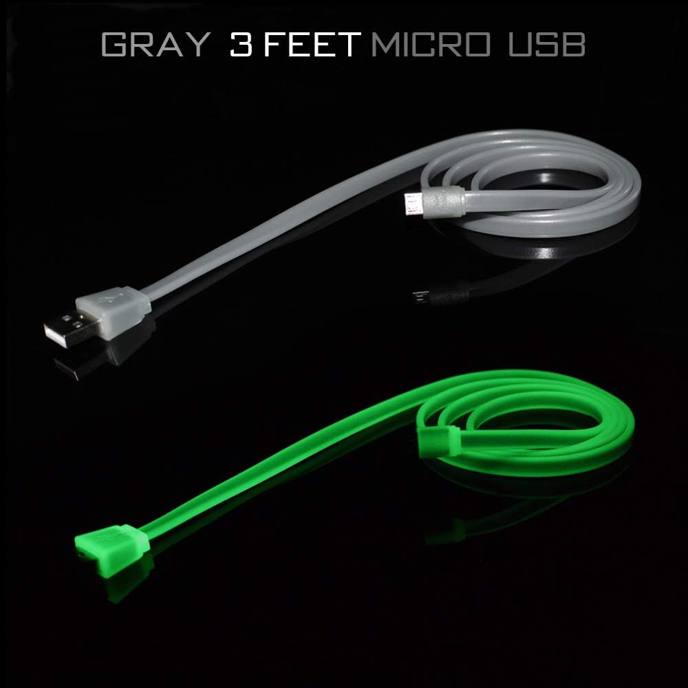 Color Cables: Micro USB Charge and Sync Data Cable (Gray - 3FT) Glow in The Dark - 1M Long - Extra Tough - No Tangle - High-Speed - Premium Micro USB to USB A Cable