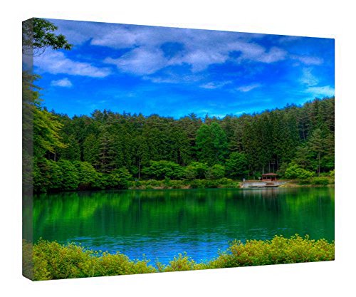 Impression sur toile avec cadre en bois paysage de lac prêt à accrocher sans effort