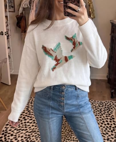 Image of SELINK Women's Holiday Sweater Crew Neck Print Casual Long Sleeve Pullover | cute tops, knit graphic sweaters, sequin letters, festive outfits, comfort fit for party daily wear