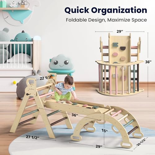 Image of BlueWood Pikler Triangle Set, Foldable Wooden Toddler Climbing Toys Indoor Playground Jungle Gym Montessori Philosophy Climber for 2-6 Years Old, Baby, Kids (Mauve Pink)