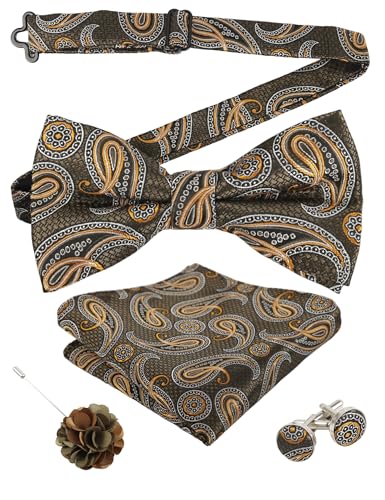 Image of Alizeal Mens 4pcs Vintage Paisley Bow Tie Set | Pre-tied Pocket Square Cufflinks Boutonniere for Wedding Everyday Use