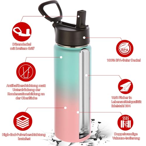 Volhoply 650ml Trinkflasche Edelstahl, vakuumisolierte doppelwandige Thermosflasche mit Strohhalm und Griff… – Ansicht 5