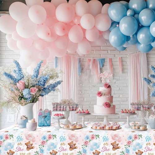 Image of Ganeen 3 Pcs Bear Gender Reveal Tablecloths Disposable Plastic He or She Gender Reveal Bear Decorations Blue Pink Baby Shower Rectangle Table Cover Waterproof for Baby Shower Party, 54 x 108 Inch