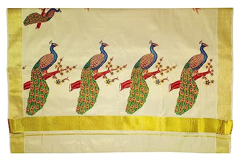 Image of Women's Mural Printed Kerala Gold Tissue Saree with Running Blouse Piece | Traditional South Indian Ethnic Saree for Festivals, Weddings & Special Occasions