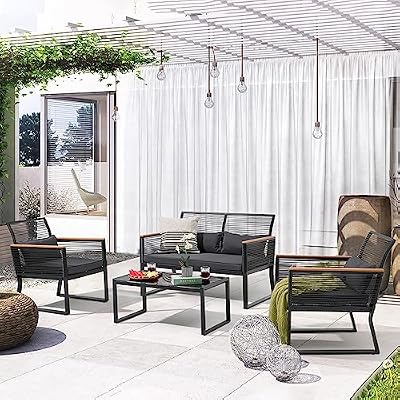 Patiorama 4 Piece Patio Furniture Set, Outdoor Wicker Bistro Set, All-Weather Black PE Rattan Conversation Set w/Coffee Table, Loveseat, Wood-like Armrest, Cushions for Garden Balcony Deck, Dark Grey