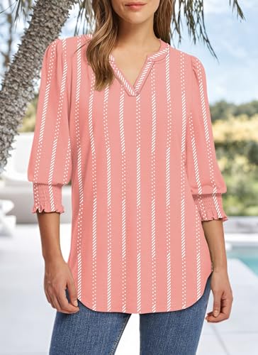 3/4 Length Sleeves Womens Tops Blouses for Women Dressy Casual Tops V Neck T Shirts with Smocked Cuffs3