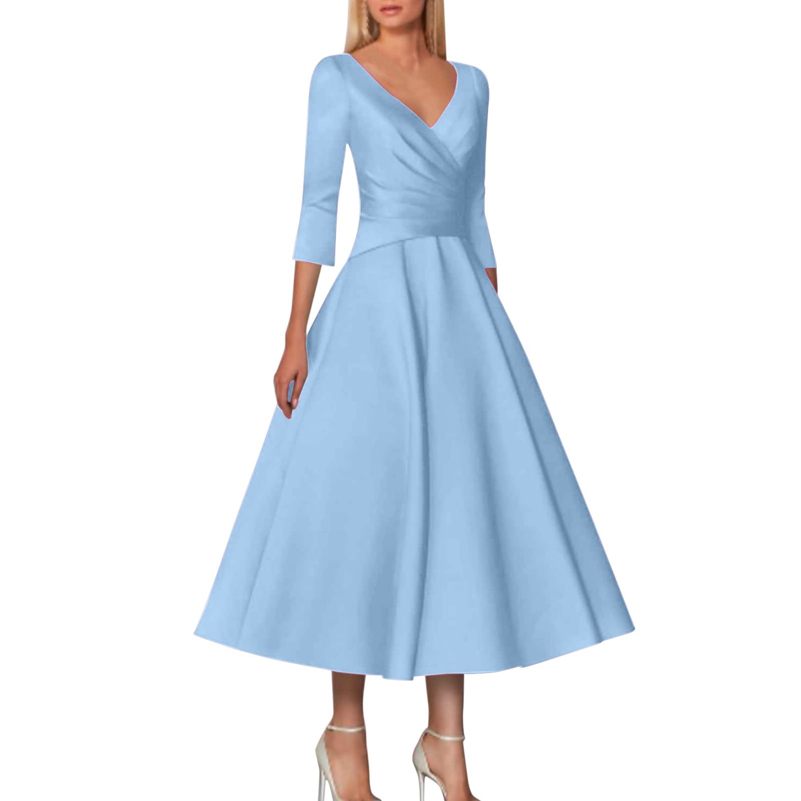 A-Line Mother of the Bride Wedding Guest Vintage Plus Size Elegant V Neck Tea  Length Satin 1/2 Sleeve Pleated Dress Black Lace Knee Length, lightblue, L  : Amazon.co.uk: Fashion