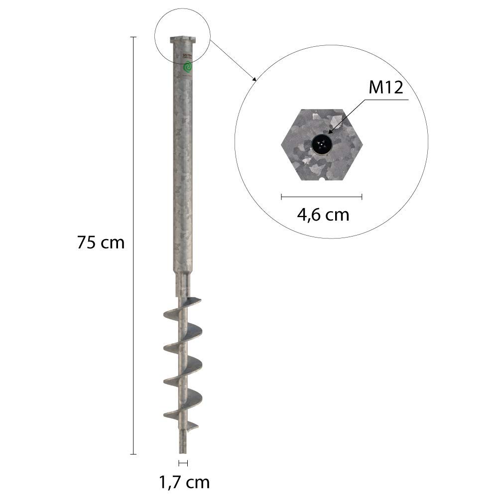 T-BLOCK - Kit professionale di 4 viti di ancoraggio a terra ecologici lunghezza 75 cm Ø 35-17 testa esagonale da 46 mm con punto fisso M12.
