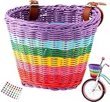 Kinderfahrradkorb Vorne, Regenbogen Handgeflochtener Fahrradkorb, Kinderfahrradkorb 12-16 Zoll mit DIY-Stickern für Jungen Mädchen (für Balance Bikes, Dreiräder, Roller & Klappräder)