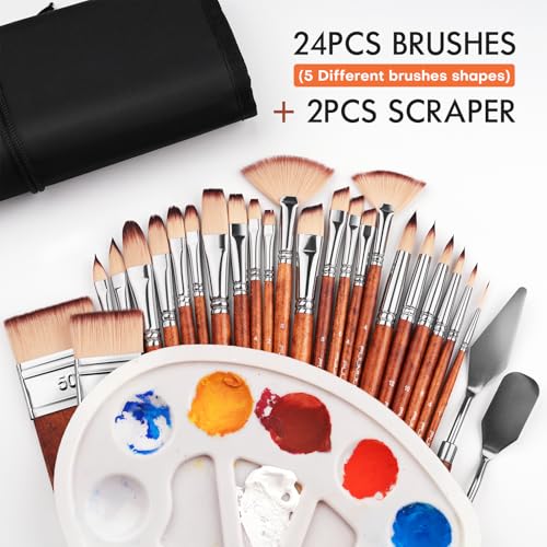 Image of 26pcs Paint Brush Set, Fuumuui Professional Acrylic Paint Brushes Complete Range of Sizes with Upgraded Short Handle Wide Flat Paintbrush for Acrylic, Oil, Watercolor and Gouache