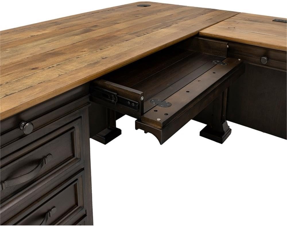 Bowery Hill Executive L-Desk & Return, 68 x 72 x 30 in, Solid Wood Plank Top, Brown Finish, Two-Tone Design, Antique Bronze Hardware, Dropfront Drawer, AC/USB Power Center, Fully Assembled Office Desk