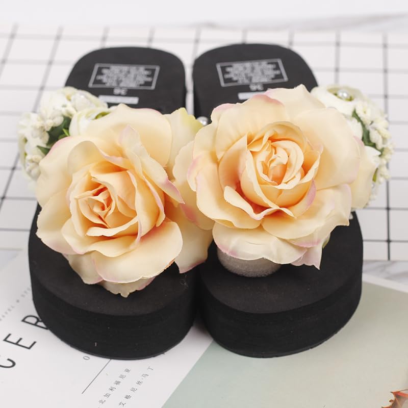 Loizziuy ブラック フローラル スリッパ 夏 レディース サンダル 高床ヒール 厚底 プラットフォーム 手作り ローズ フラ