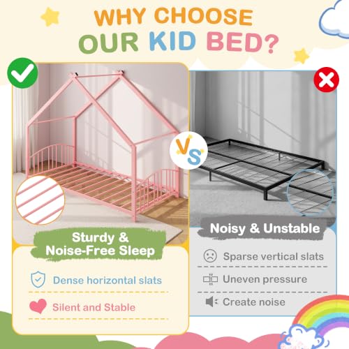 Image of Garvee Twin Size Metal House Bed Frame for Kids, Pink