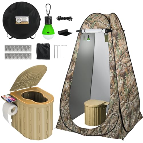 Thallike Portable Toilet with Tent, Privacy Pop Up Tent with LED Lights Camp Bathroom for Adults Outdoor Camping Travel Toilet Tent Kit with Toilet Bags & Liquid Waste Gel