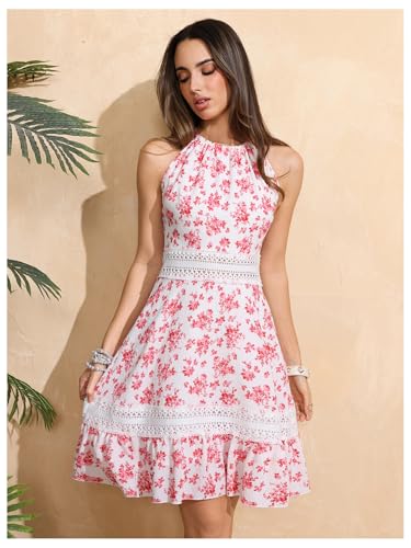 Image of Floerns Women's Contrast Lace Sleeveless Halter Dress Backless Vacation A Line Dress