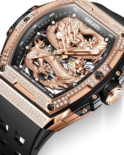 Image of OLEVS Rose Gold Black Watches for Men Automatic Tonneau Watch Skeleton Mechanical 50M Waterproof Sapphire Crystal Square Male Watches