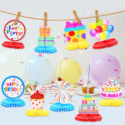 Image of 9 Pieces Birthday Honeycomb Centerpieces Table Decor, Colorful Cake Balloon Gift Box Happy Festive Pattern Table Topper Ornaments Signs, Fun Birthday Party Decorations