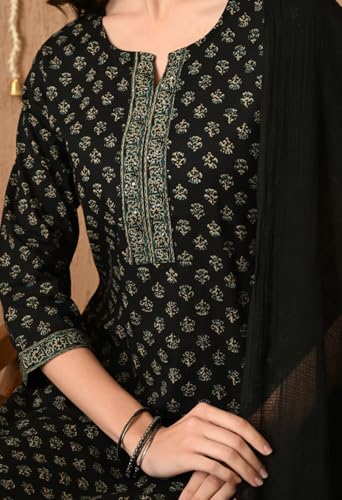 Image of Amazon Brand - Tavasya Womens Ethnic Motifs Printed Regular Pure Cotton Kurta with Trousers & Dupatta | Kurta Set | Salwar Suit | Ethnic Wear