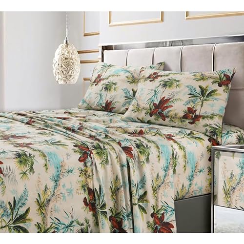 Tribeca Living Deep Pocket King Size Sheet Set - 300 Thread Count Cotton Sateen Sheets with 22-Inch Extra Deep Pockets, Oeko-Tex Certified, 4 Bedding Set in Amalfi Blue/Multi Print by Tribeca Living - Image 5
