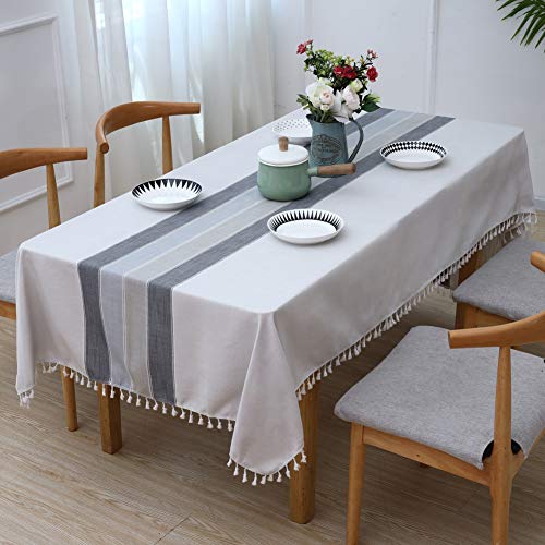 YISUN Table Cloth, Stitching Tassel Rectangle Tablecloth Cotton Linen Dust-Proof Table Cover for Rectangle Table Cloths for Kitchen Dining Party (Rectangle/Oblong, 55 x 86 Inch, Light Gray)