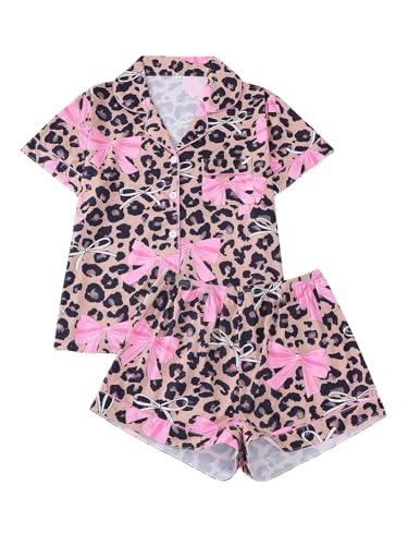 Image of SHENHE Women's 2 Piece Pajama Set Bow Graphic Button Down Short Sleeve Lapel Shirt Pj Short Set