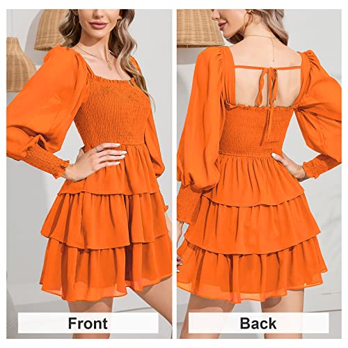 Byinns Women's Square Neck Ruffle Dress Long Sleeve Floral Print Tiered Tie Back Layered Swing Mini Dress #TOP1