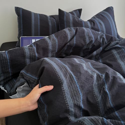 Image of Navy Blue Striped Puffy Textured Duvet Cover Set,Twin XL Size | Boys Minimalist Modern Vertical Stripes Bedding Set for Contemporary Bedroom