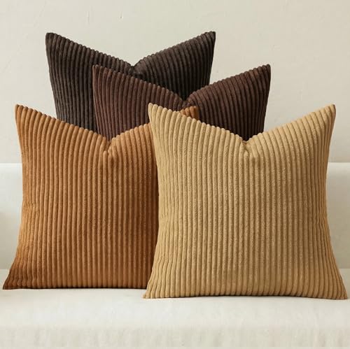 Image of MIULEE Boho Farmhouse Throw Pillow Covers 20x20 Inch Set of 4 Rustic Mordern Neutral Cushion Covers Soft Corduroy Nordic Home Decor for Couch Bed Sofa Living Room Camel Brown